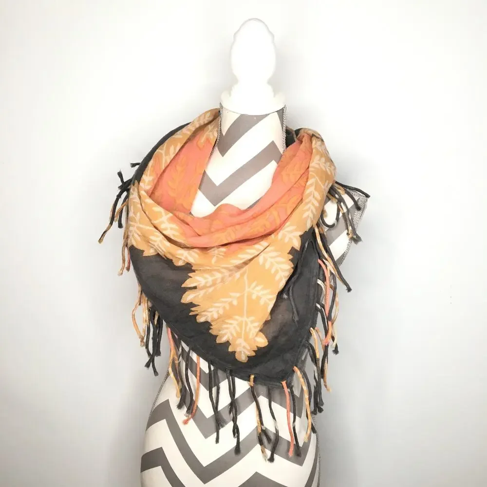 Coral pink and grey fringe scarf wrap